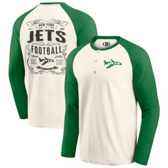 New York Jets Darius Rucker Collection Raglan Henley Long Sleeve T-Shirt - Cream/Green T-shirts