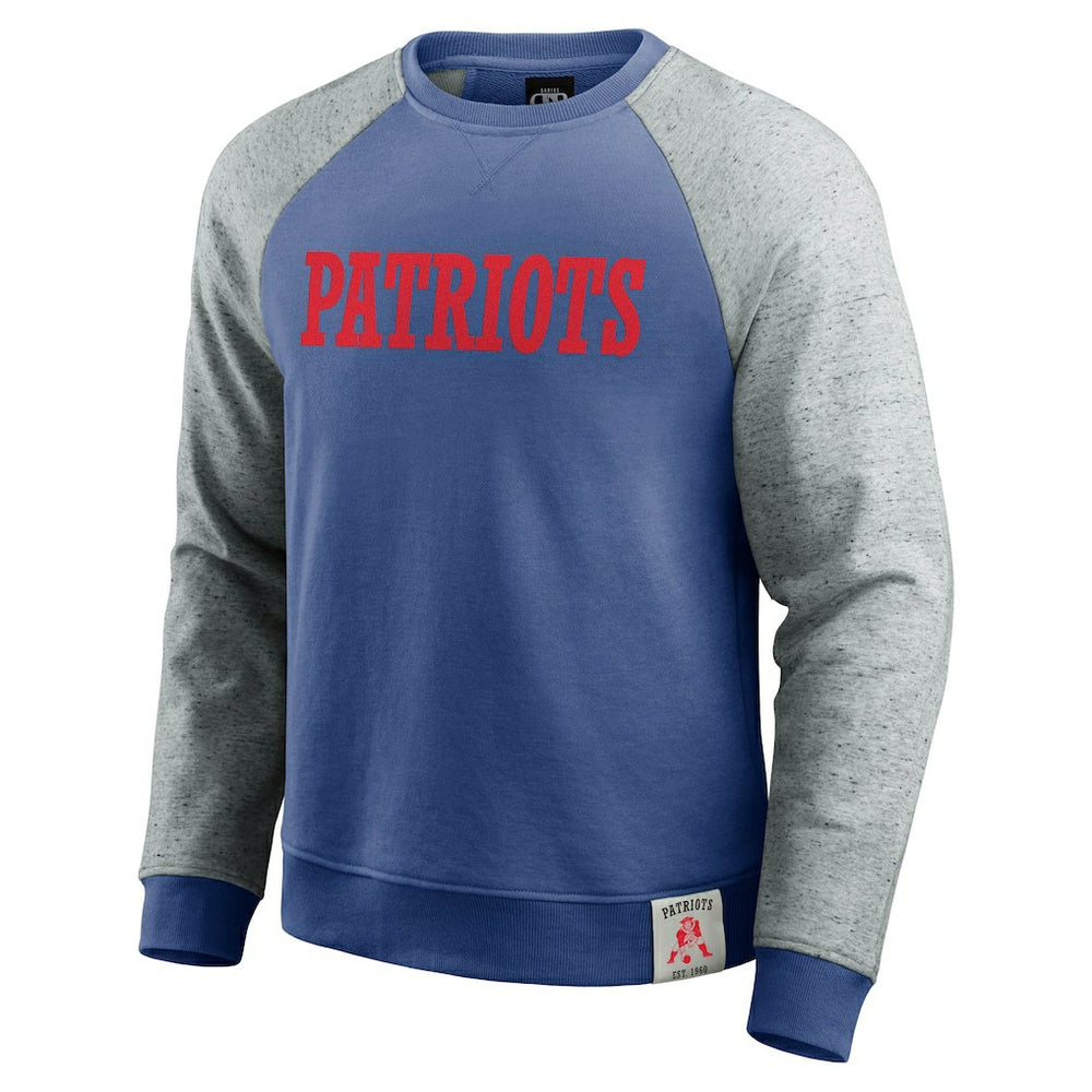 New England Patriots Darius Rucker Collection Throwback Color Block Raglan Pullover Sweatshirt - Royal/Heather Gray Pullover
