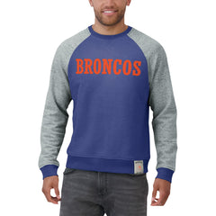 Denver Broncos Darius Rucker Collection Throwback Color Block Raglan Pullover Sweatshirt - Royal/Heather Gray Pullover