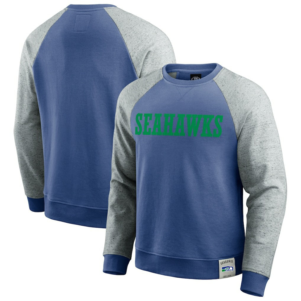 Seattle Seahawks Darius Rucker Collection Throwback Color Block Raglan Pullover Sweatshirt - Royal/Heather Gray Pullover