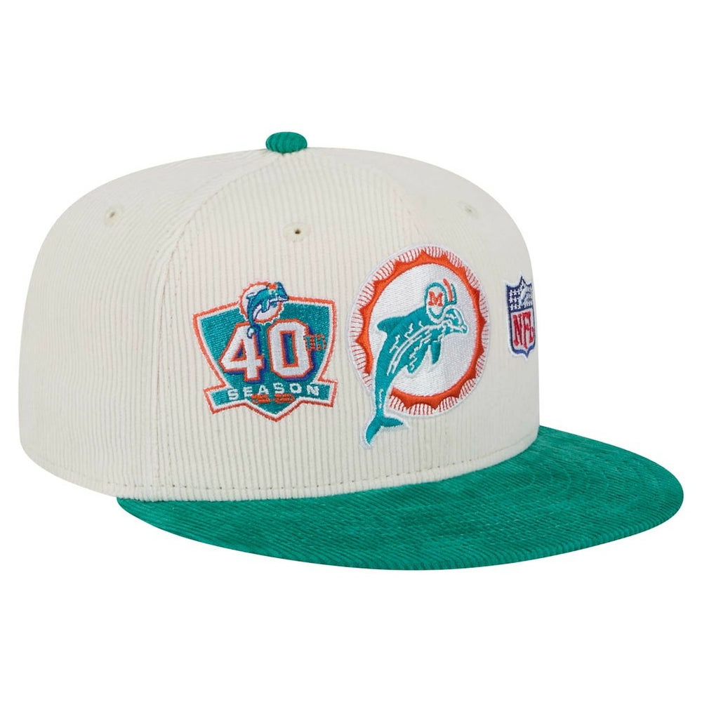 Miami Dolphins New Era Throwback Corduroy 59FIFTY Fitted Hat - Cream/Aqua Hats