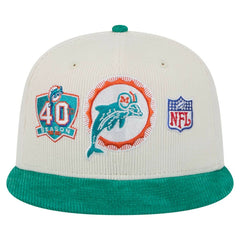 Miami Dolphins New Era Throwback Corduroy 59FIFTY Fitted Hat - Cream/Aqua Hats