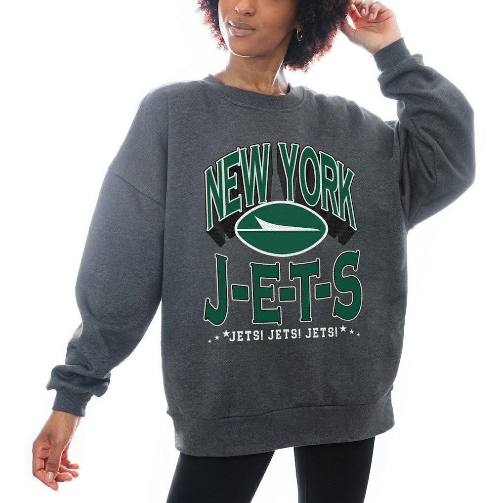 New York Jets Gameday Couture Women's Oversized Long Weekend Premium Fleece Drop Shoulder Pullover Sweatshirt - Charcoal Pullover