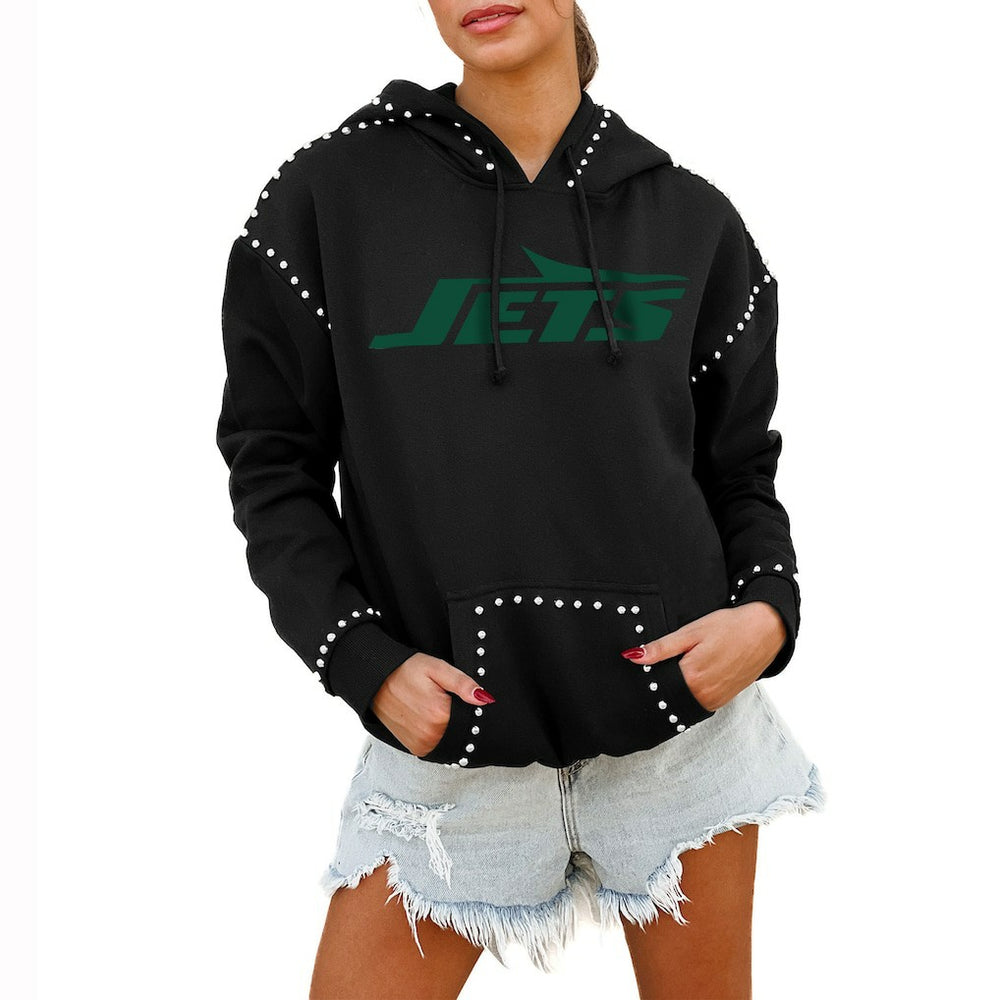 New York Jets Gameday Couture Women's Oversized Catch the Vibe Studded Pullover Hoodie - Black Hoodies