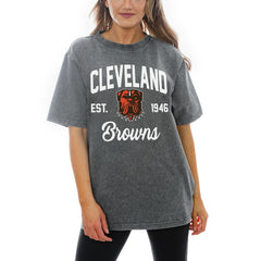 Cleveland Browns Gameday Couture Women's Titan Tackle Relaxed Fit Washed T-Shirt - Gray T-shirts