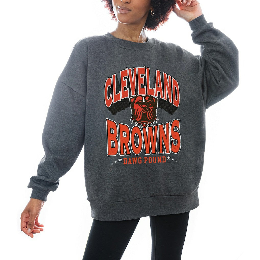 Cleveland Browns Gameday Couture Women's Oversized Long Weekend Premium Fleece Drop Shoulder Pullover Sweatshirt - Charcoal Pullover