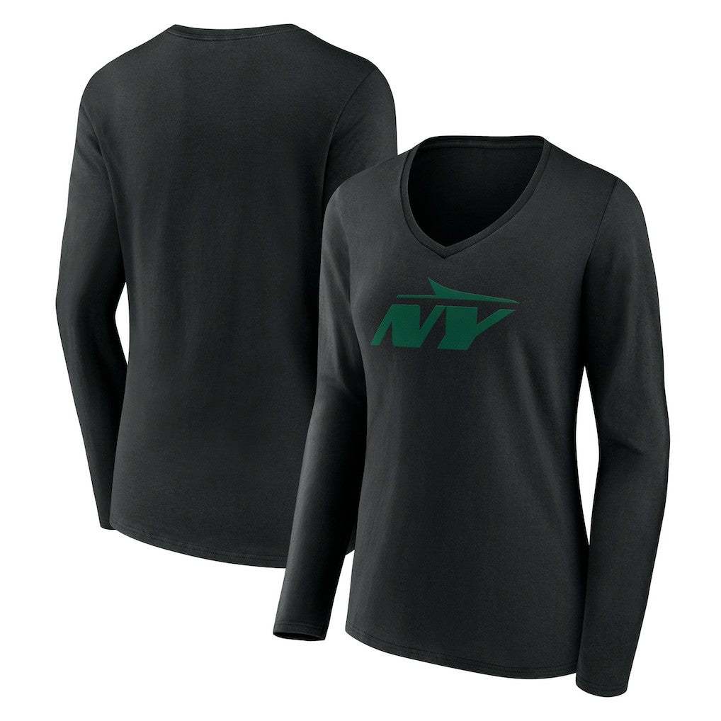 New York Jets Women's Secondary Logo Long Sleeve V-Neck T-Shirt - Black T-shirts