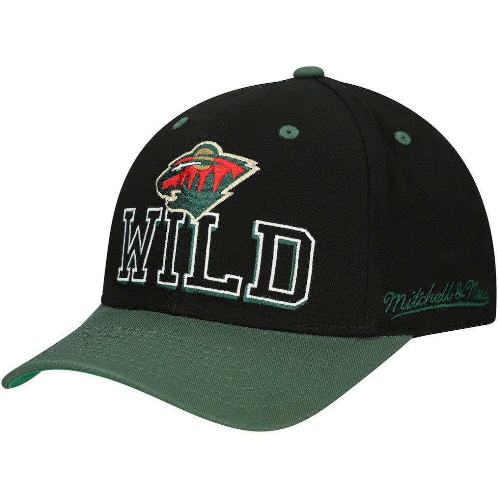Minnesota Wild Mitchell & Ness Backside Script 2-Tone Pro Crown Adjustable Hat - Black/Green | US 201546274