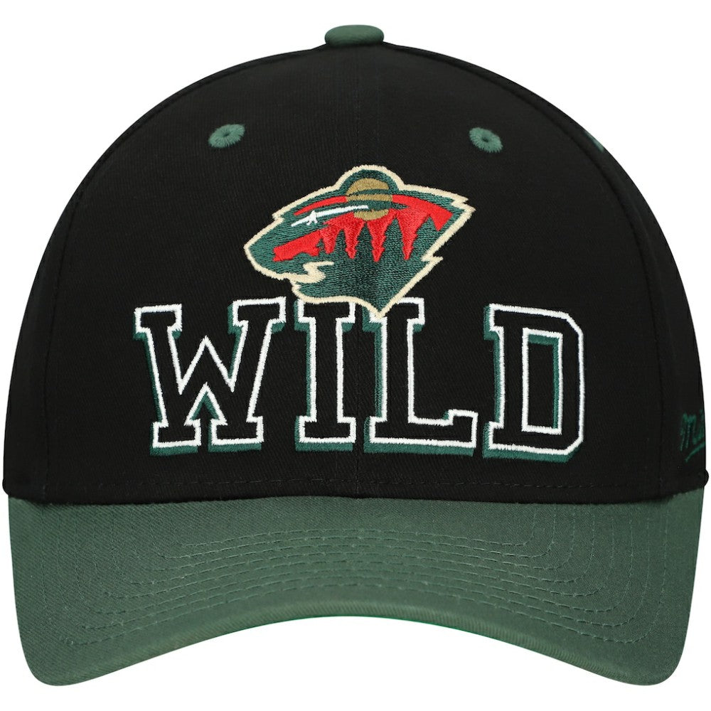 Minnesota Wild Mitchell & Ness Backside Script 2-Tone Pro Crown Adjustable Hat - Black/Green | US 201546274