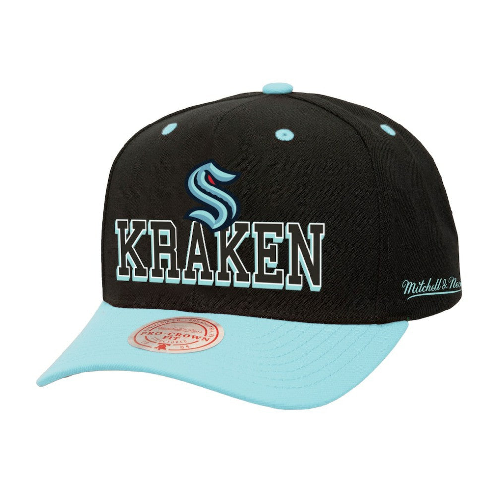 Seattle Kraken Mitchell & Ness Backside Script Two-Tone Pro Crown Adjustable Hat - Black/Light Blue | US 201546291