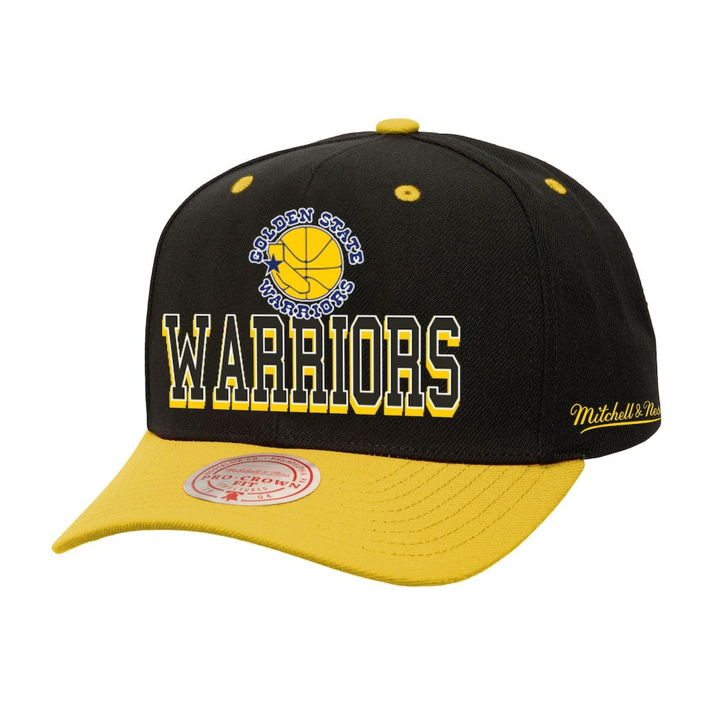 Golden State Warriors Backside Script Two-Tone Pro Crown Adjustable Hat Black/Gold - Mitchell & Ness