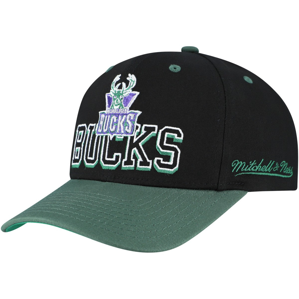 Milwaukee Bucks Backside Script Two-Tone Pro Crown Adjustable Hat Black/Hunter Green - Mitchell & Ness