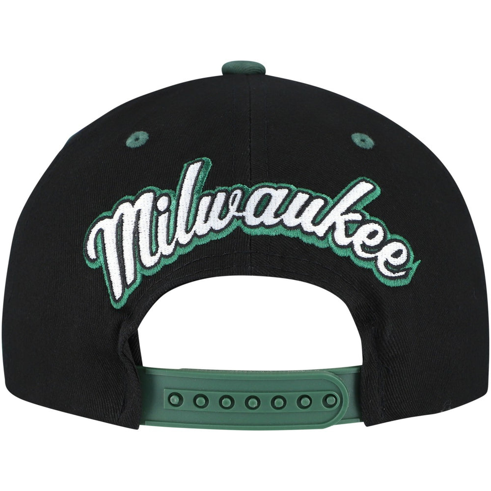 Milwaukee Bucks Backside Script Two-Tone Pro Crown Adjustable Hat Black/Hunter Green - Mitchell & Ness