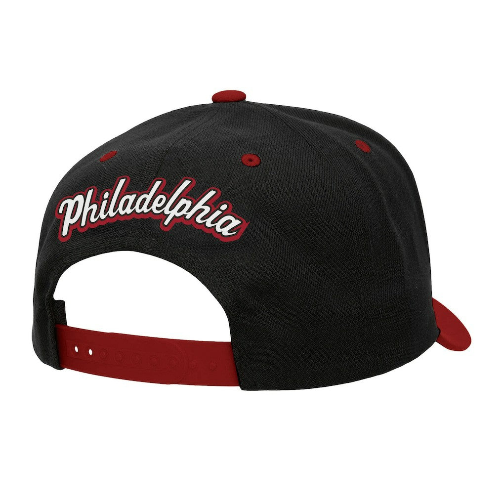 Philadelphia 76ers Backside Script 2-Tone Pro Crown Adjustable Hat Black/Red - Mitchell & Ness