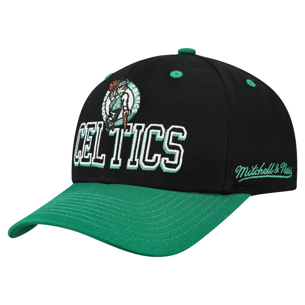 Boston Celtics Backside Script 2-Tone Pro Crown Adjustable Hat Black/Kelly Green - Mitchell & Ness