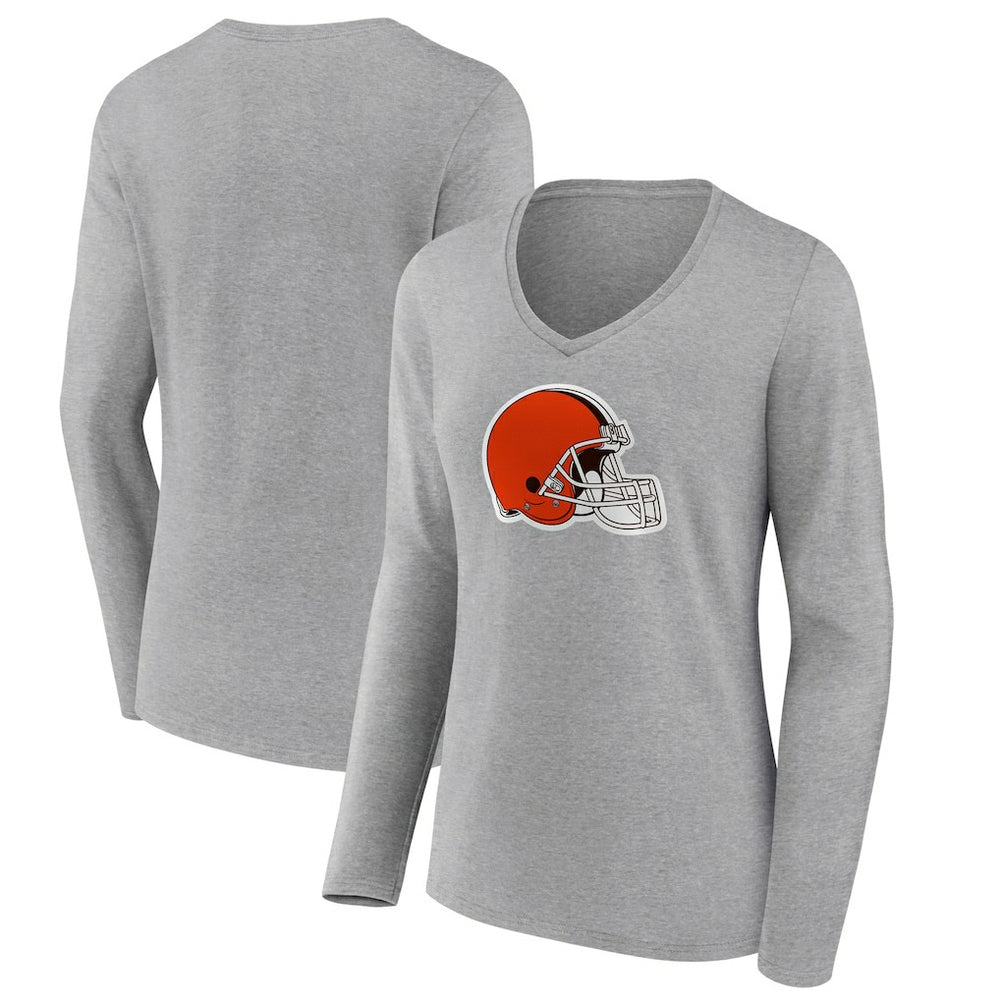 Cleveland Browns Women's Primary Logo Long Sleeve V-Neck T-Shirt - Gray T-shirts