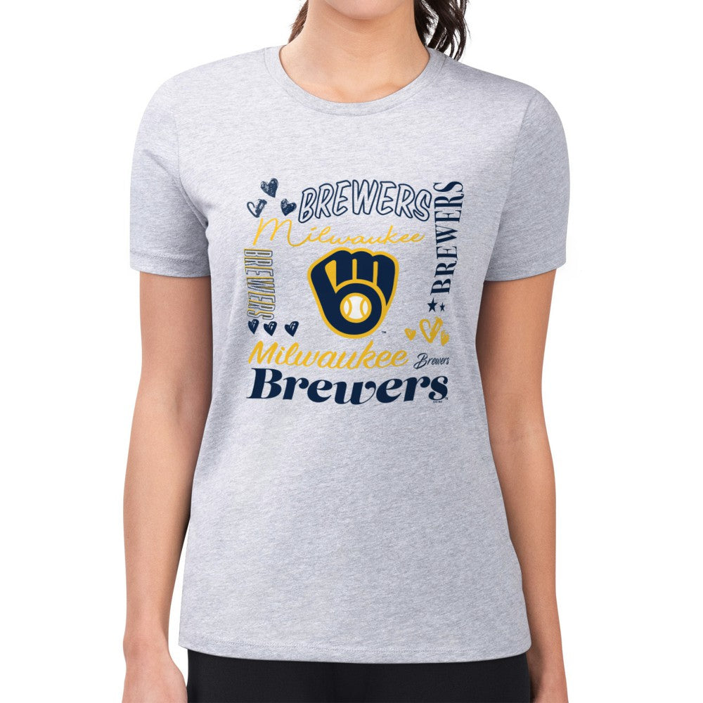 Milwaukee Brewers G-III 4Her by Carl Banks Women's Super-Slim Fit Lightweight Collage Team Graphic Crew Neck T-Shirt - Heather Gray T-shirts