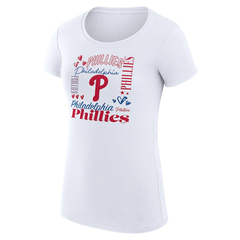 Philadelphia Phillies G-III 4Her by Carl Banks Women's Super-Slim Fit Lightweight Collage Team Graphic Crew Neck T-Shirt - White T-shirts