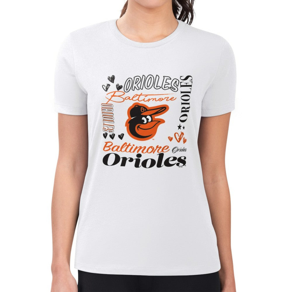 Baltimore Orioles G-III 4Her by Carl Banks Women's Super-Slim Fit Lightweight Collage Team Graphic Crew Neck T-Shirt - White T-shirts