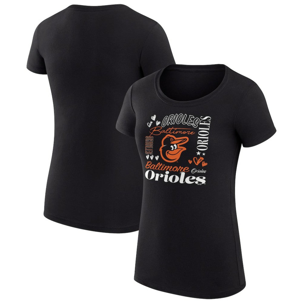 Baltimore Orioles G-III 4Her by Carl Banks Women's Super-Slim Fit Lightweight Collage Team Graphic Crew Neck T-Shirt - Black T-shirts