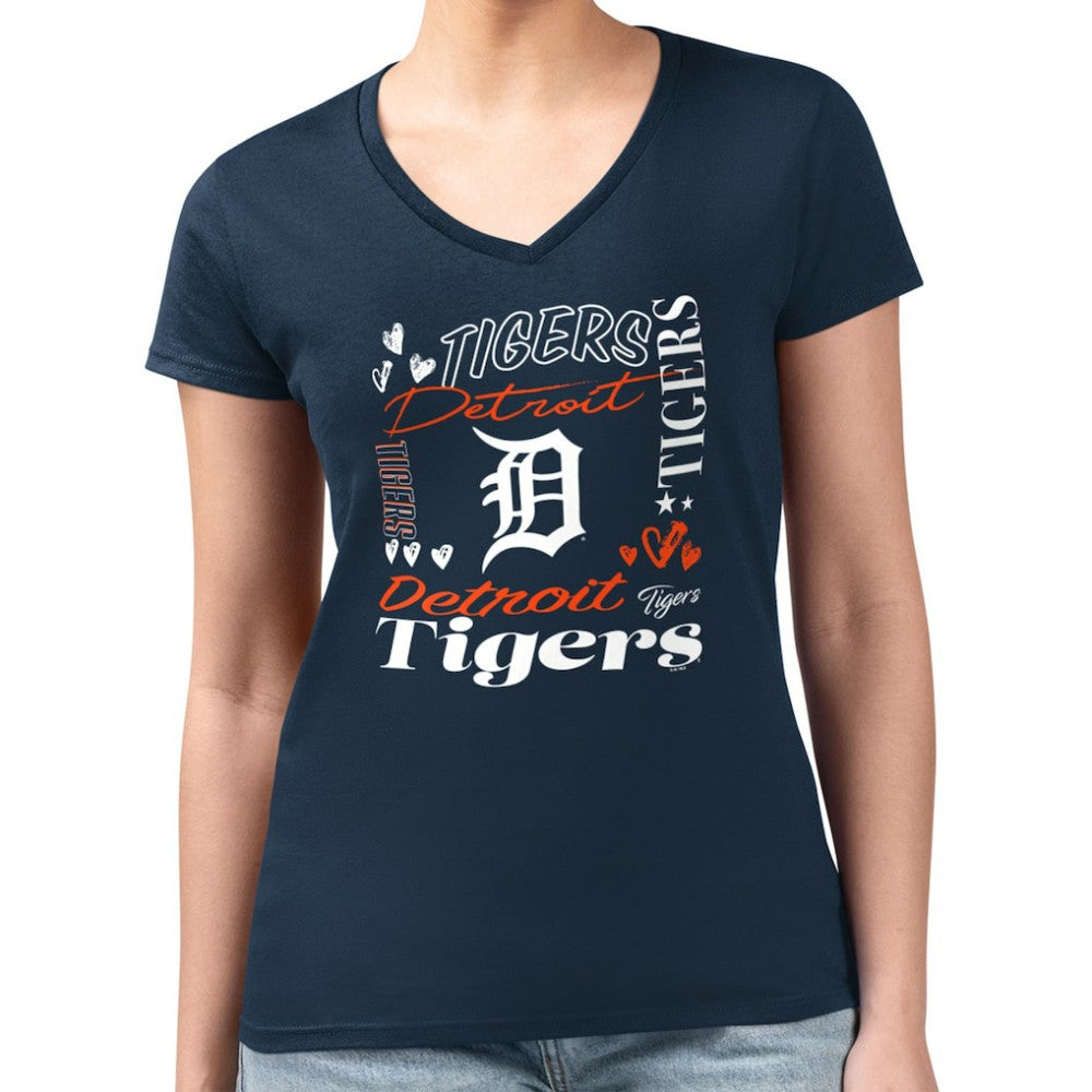 Detroit Tigers G-III 4Her by Carl Banks Women's Super-Slim Fit Lightweight Collage Team Graphic V-Neck T-Shirt - Navy T-shirts