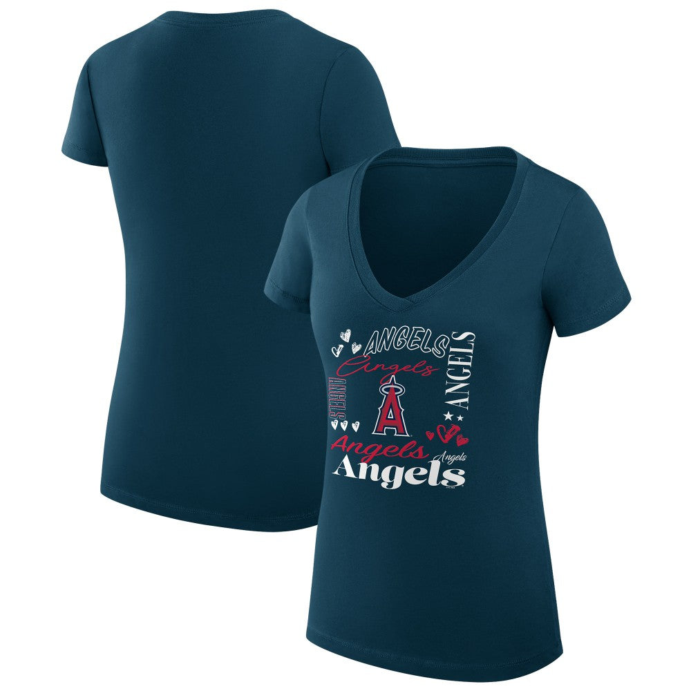 Los Angeles Angels G-III 4Her by Carl Banks Women's Super-Slim Fit Lightweight Collage Team Graphic V-Neck T-Shirt - Navy T-shirts