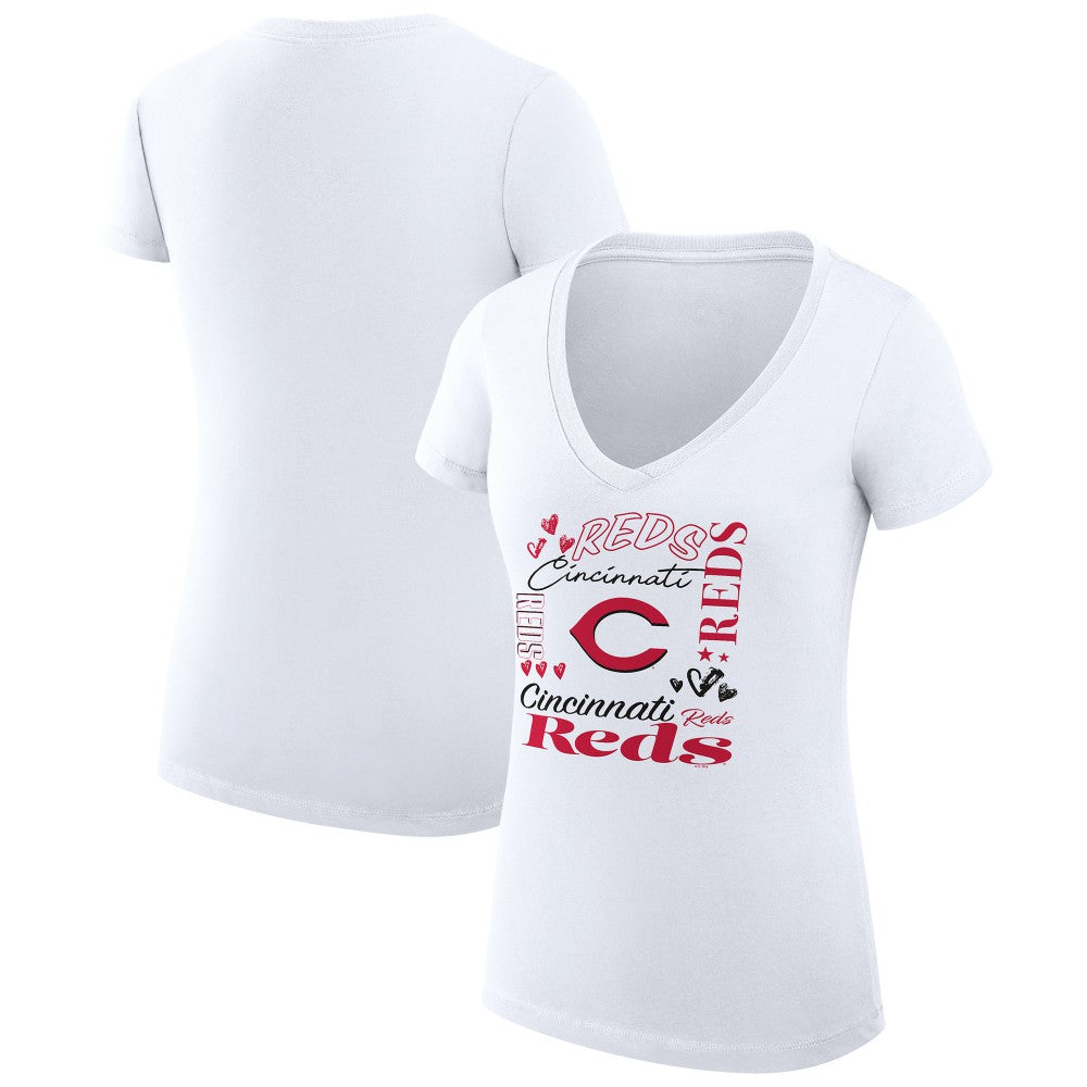Cincinnati Reds G-III 4Her by Carl Banks Women's Super-Slim Fit Lightweight Collage Team Graphic V-Neck T-Shirt - White T-shirts