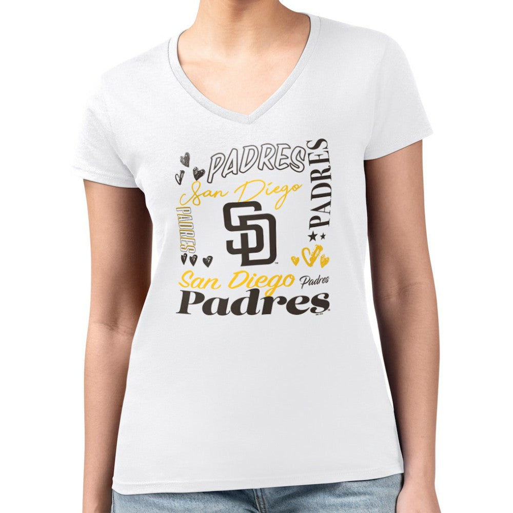 San Diego Padres G-III 4Her by Carl Banks Women's Super-Slim Fit Lightweight Collage Team Graphic V-Neck T-Shirt - White T-shirts