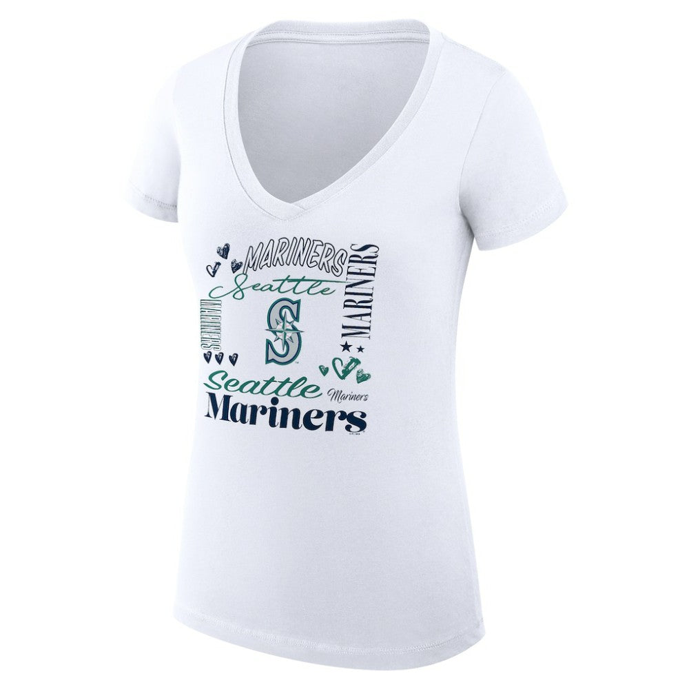 Seattle Mariners G-III 4Her by Carl Banks Women's Super-Slim Fit Lightweight Collage Team Graphic V-Neck T-Shirt - White T-shirts
