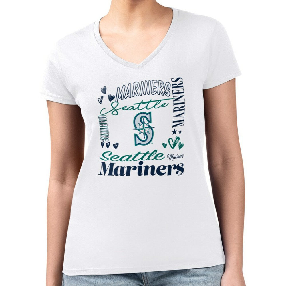 Seattle Mariners G-III 4Her by Carl Banks Women's Super-Slim Fit Lightweight Collage Team Graphic V-Neck T-Shirt - White T-shirts