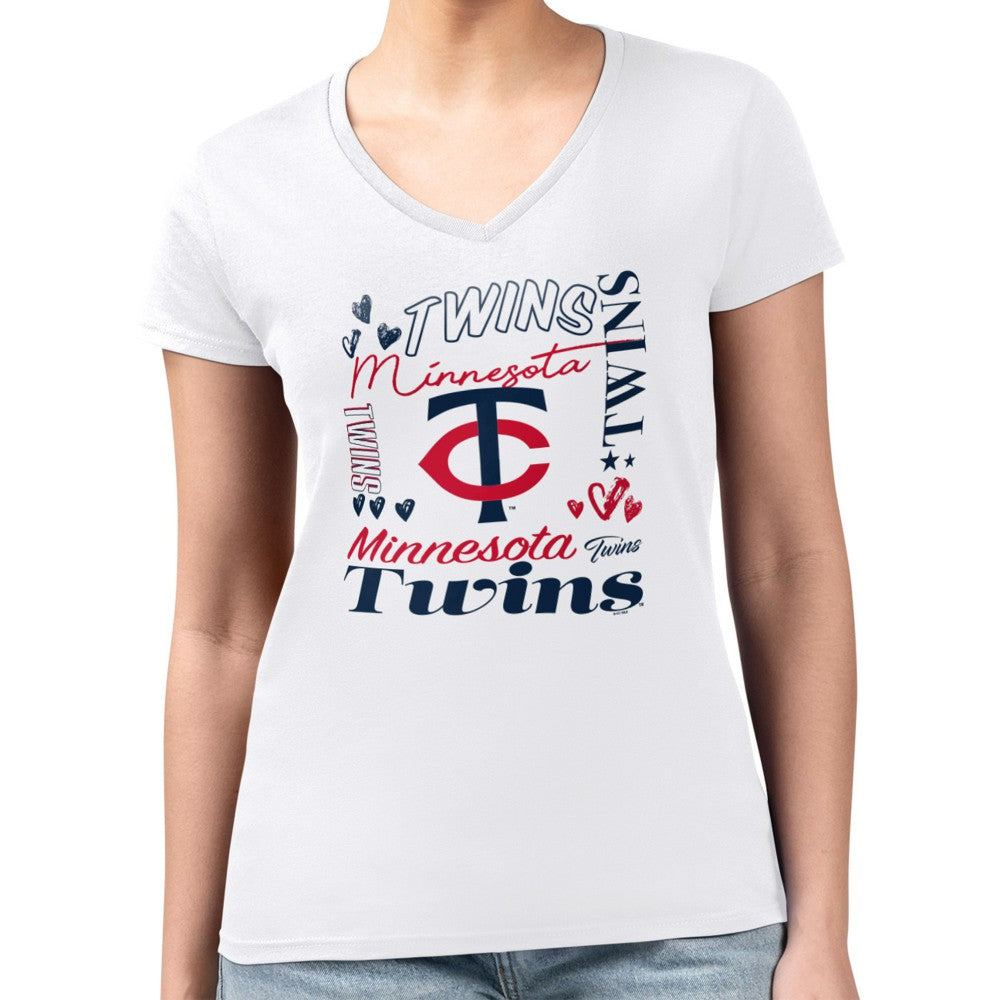 Minnesota Twins G-III 4Her by Carl Banks Women's Super-Slim Fit Lightweight Collage Team Graphic V-Neck T-Shirt - White T-shirts