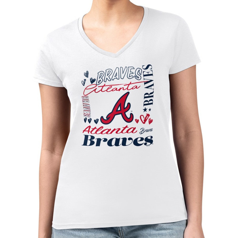 Atlanta Braves G-III 4Her by Carl Banks Women's Super-Slim Fit Lightweight Collage Team Graphic V-Neck T-Shirt - White T-shirts