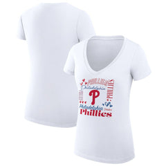Philadelphia Phillies G-III 4Her by Carl Banks Women's Super-Slim Fit Lightweight Collage Team Graphic V-Neck T-Shirt - White T-shirts