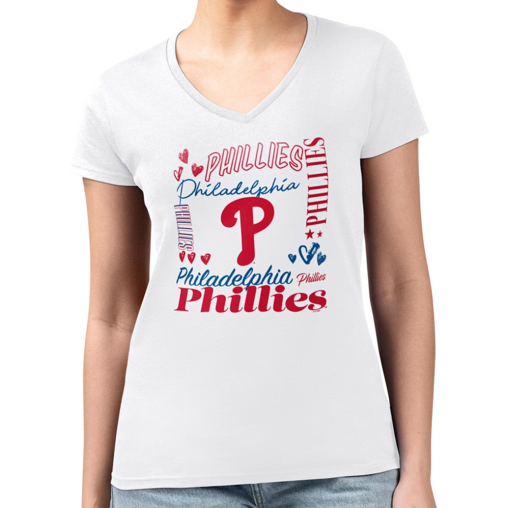 Philadelphia Phillies G-III 4Her by Carl Banks Women's Super-Slim Fit Lightweight Collage Team Graphic V-Neck T-Shirt - White T-shirts