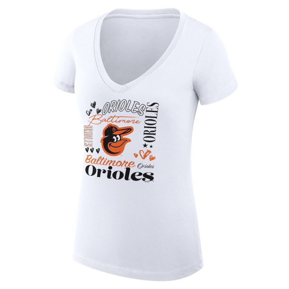 Baltimore Orioles G-III 4Her by Carl Banks Women's Super-Slim Fit Lightweight Collage Team Graphic V-Neck T-Shirt - White T-shirts