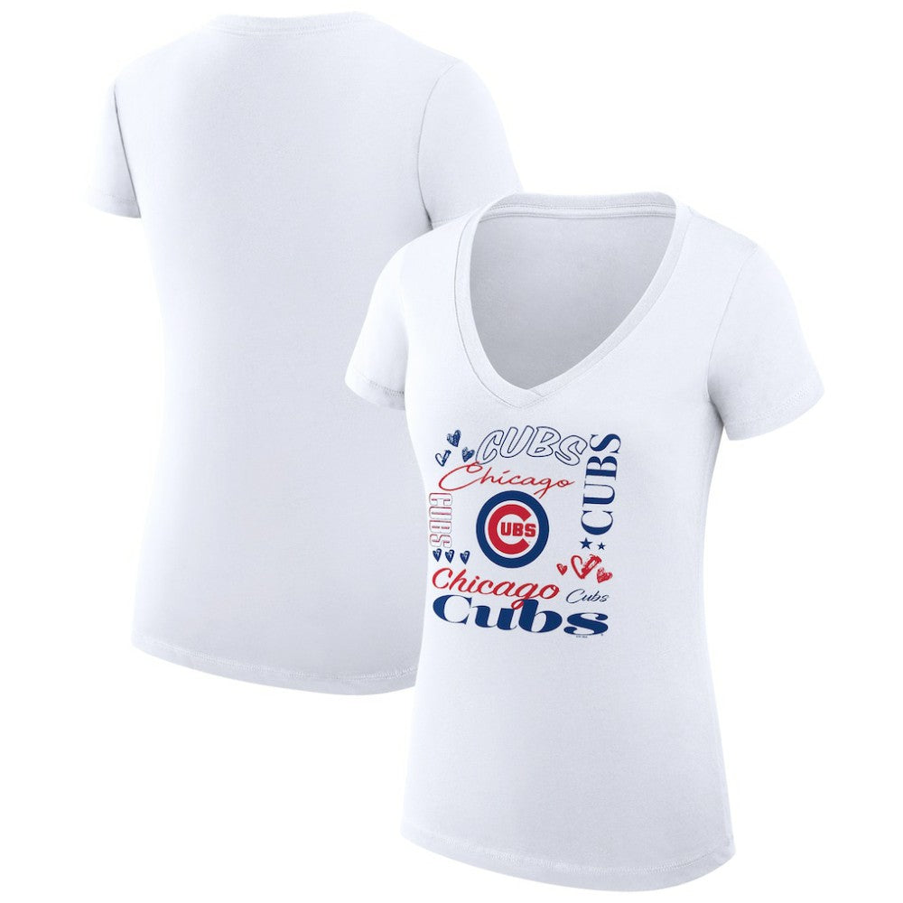 Chicago Cubs G-III 4Her by Carl Banks Women's Super-Slim Fit Lightweight Collage Team Graphic V-Neck T-Shirt - White T-shirts