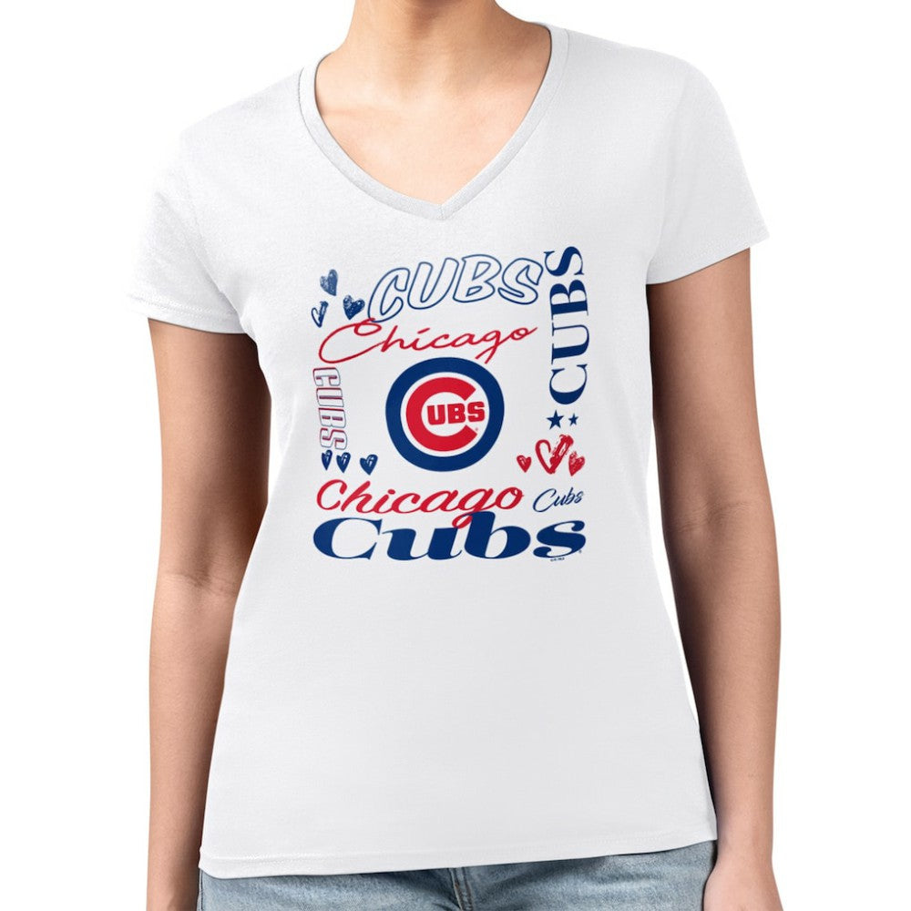 Chicago Cubs G-III 4Her by Carl Banks Women's Super-Slim Fit Lightweight Collage Team Graphic V-Neck T-Shirt - White T-shirts