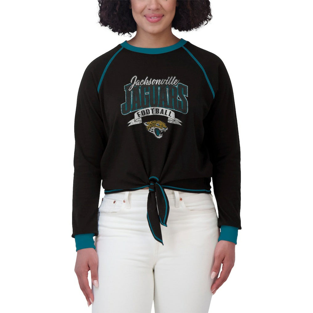 Jacksonville Jaguars WEAR by Erin Andrews Women's Tie-Front Long Sleeve Top - Black/Teal Tops