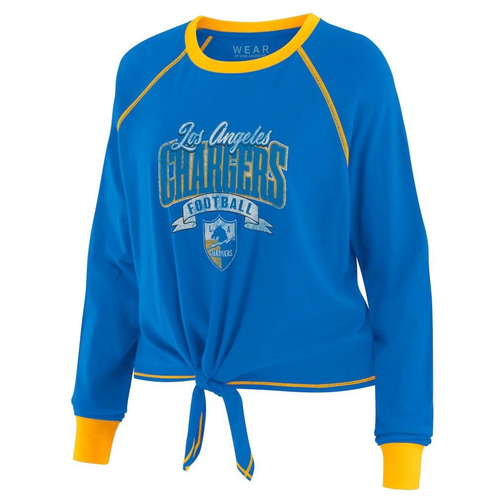 Los Angeles Chargers WEAR by Erin Andrews Women's Tie-Front Long Sleeve Top - Powder Blue/Yellow Tops