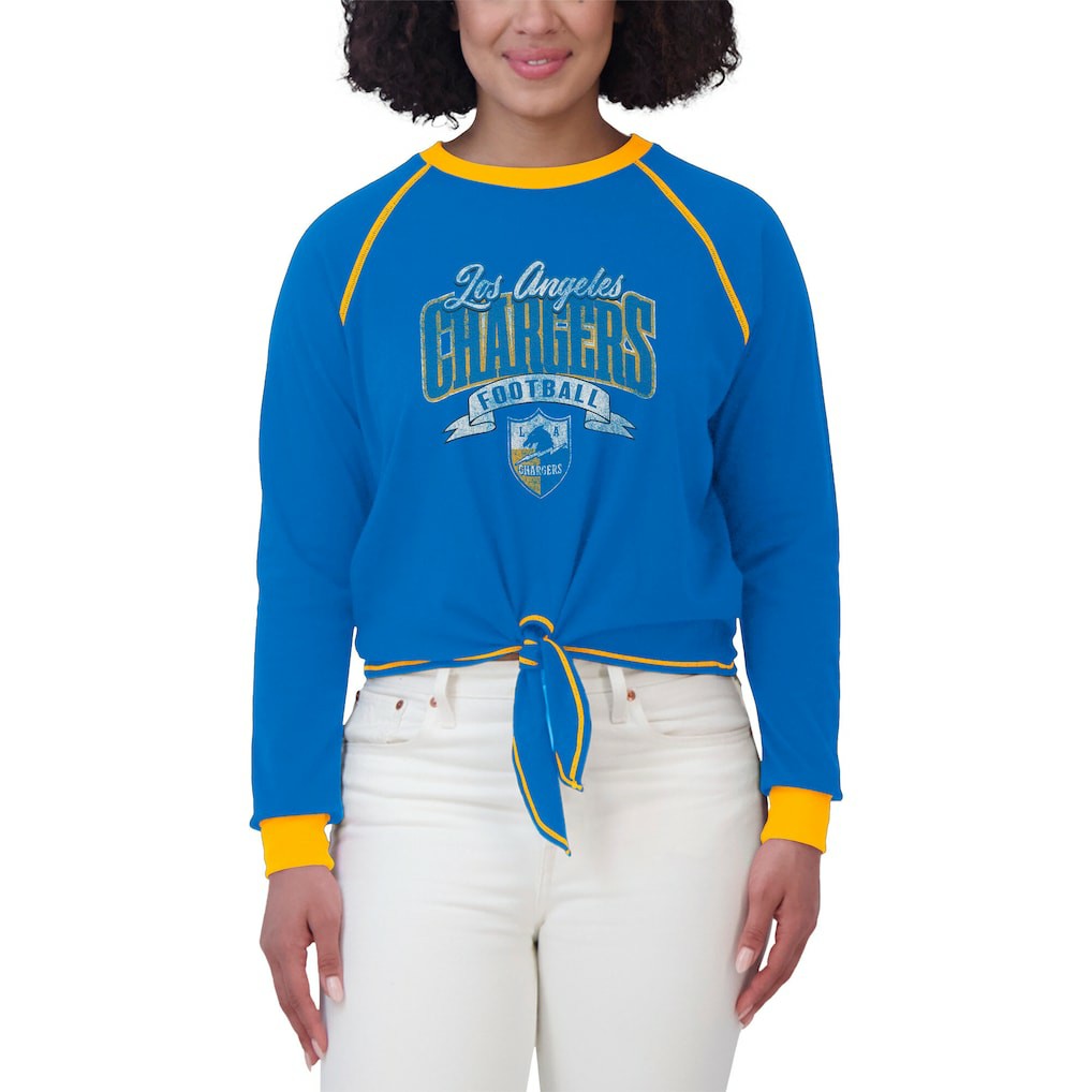 Los Angeles Chargers WEAR by Erin Andrews Women's Tie-Front Long Sleeve Top - Powder Blue/Yellow Tops