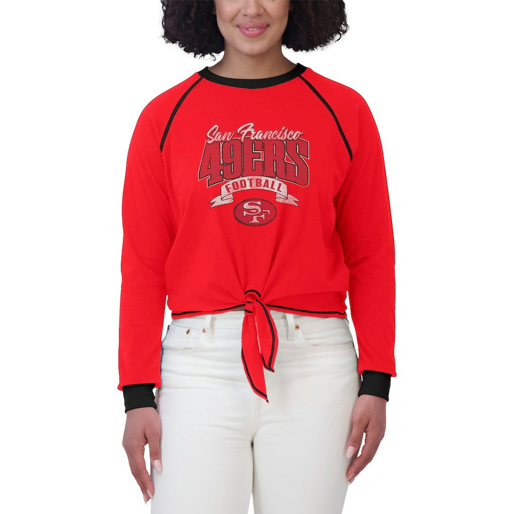 San Francisco 49ers WEAR by Erin Andrews Women's Tie-Front Long Sleeve Top - Scarlet/Black Tops