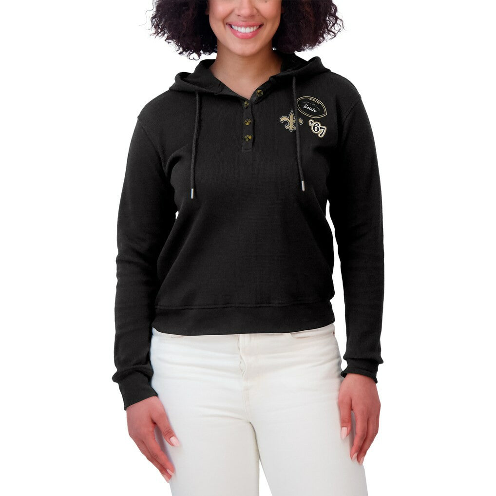 New Orleans Saints WEAR by Erin Andrews Women's Waffle Hoodie Pullover Top - Black Hoodies