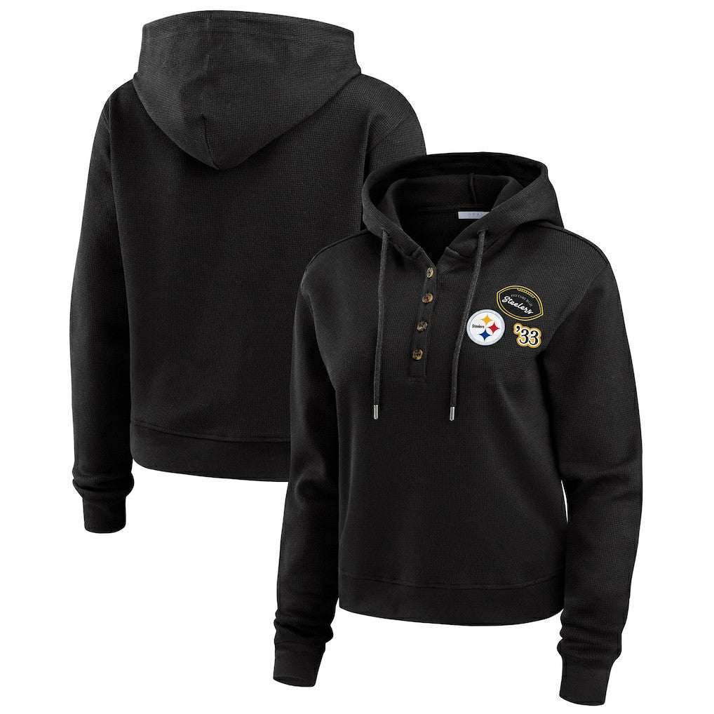 Pittsburgh Steelers WEAR by Erin Andrews Women's Waffle Hoodie Pullover Top - Black Hoodies