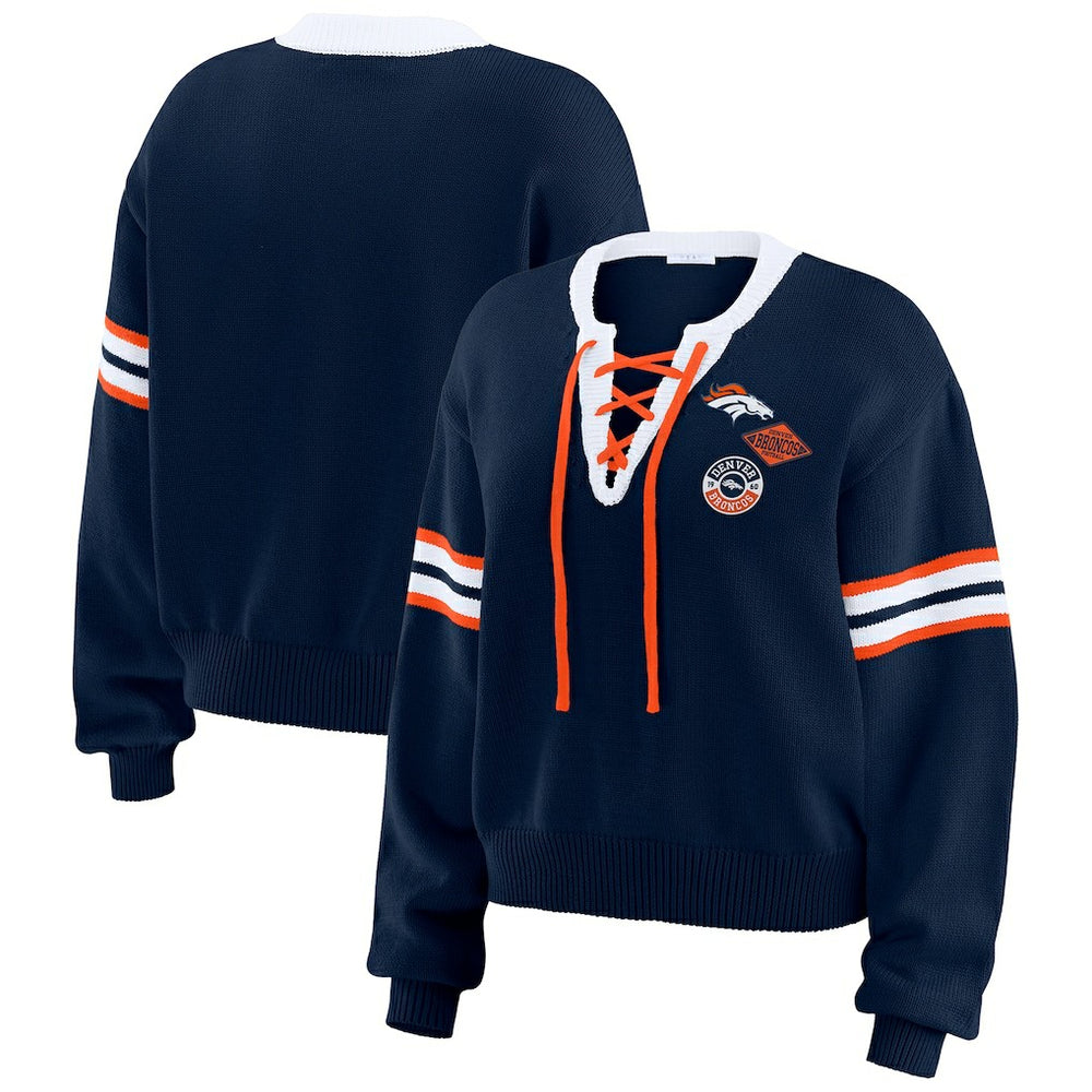 Denver Broncos WEAR by Erin Andrews Women's Lace-Up Pullover Sweatshirt - Navy Pullover