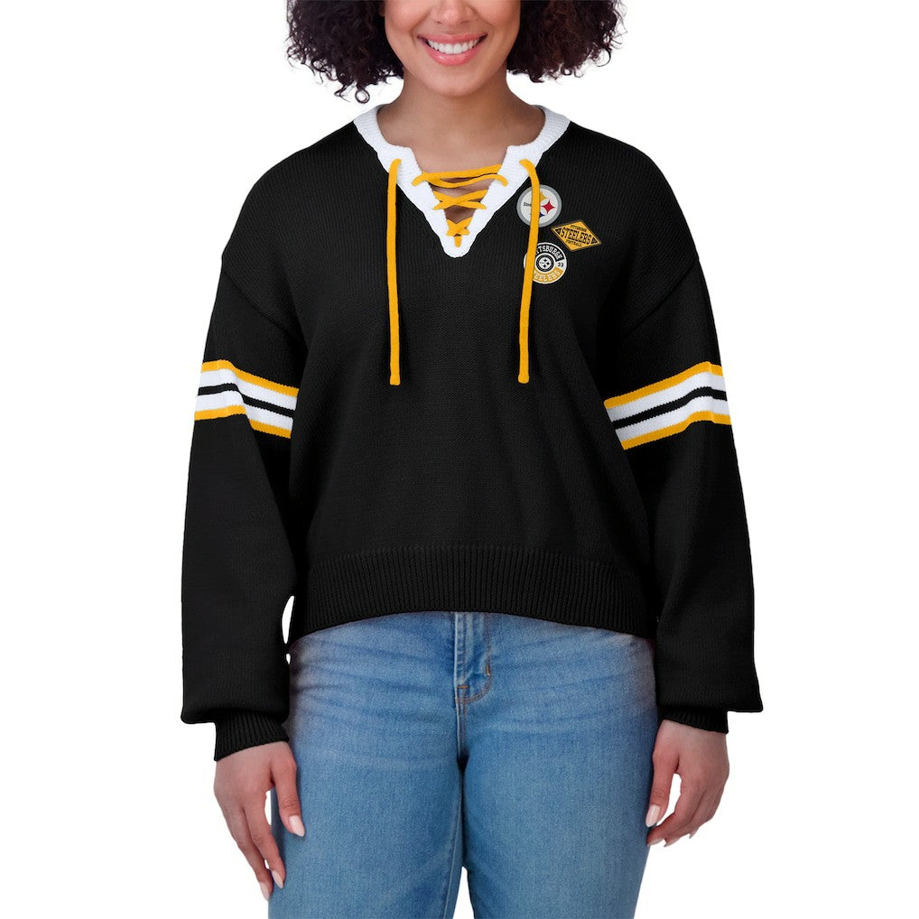 Pittsburgh Steelers WEAR by Erin Andrews Women's Lace-Up Pullover Sweatshirt - Black Pullover