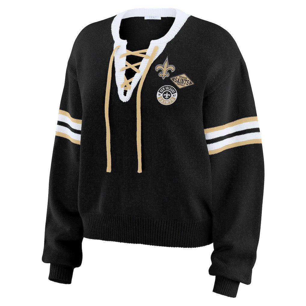 New Orleans Saints WEAR by Erin Andrews Women's Lace-Up Pullover Sweatshirt - Black Pullover