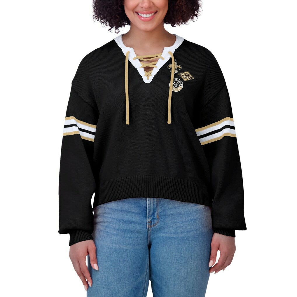 New Orleans Saints WEAR by Erin Andrews Women's Lace-Up Pullover Sweatshirt - Black Pullover