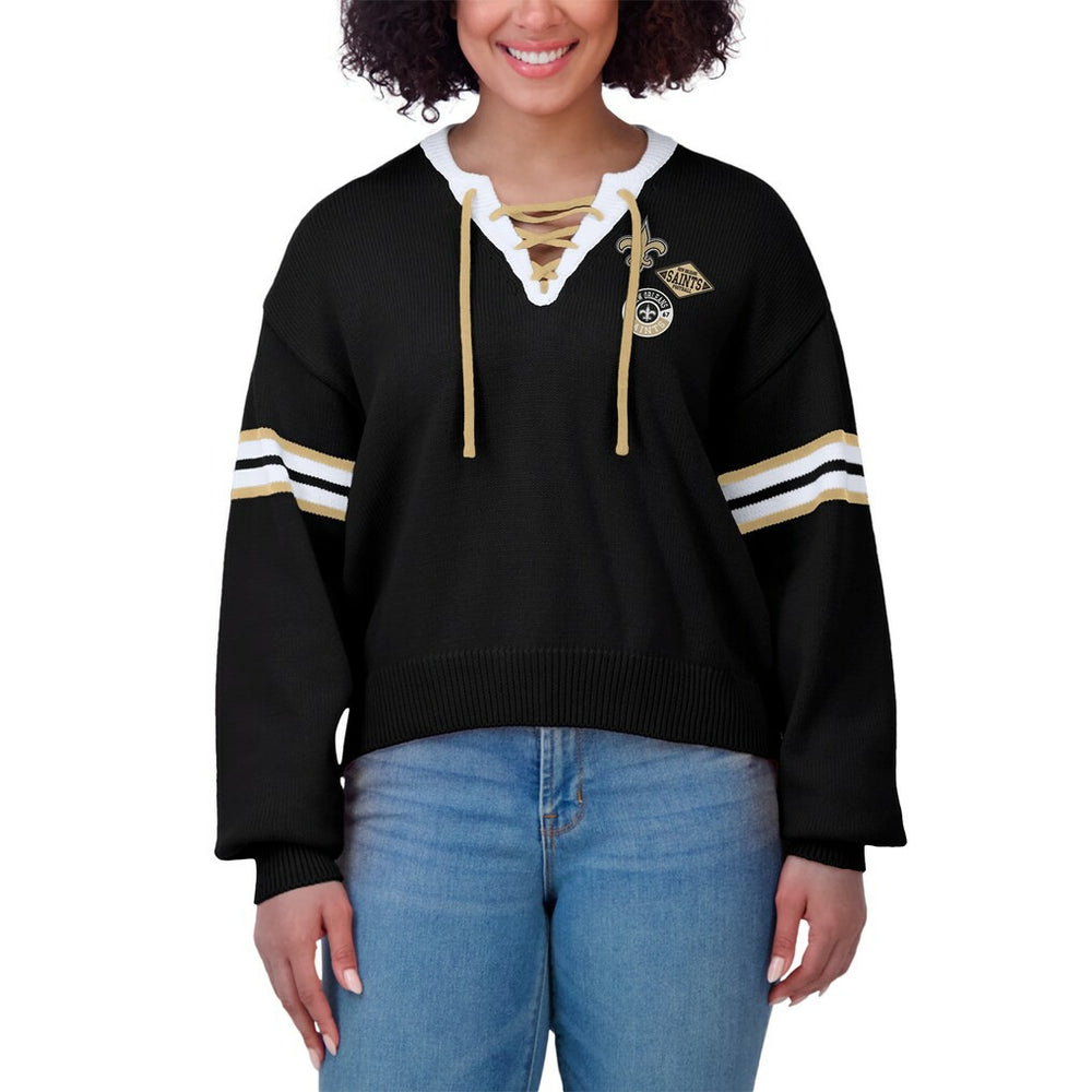 New Orleans Saints WEAR by Erin Andrews Women's Lace-Up Pullover Sweatshirt - Black Pullover
