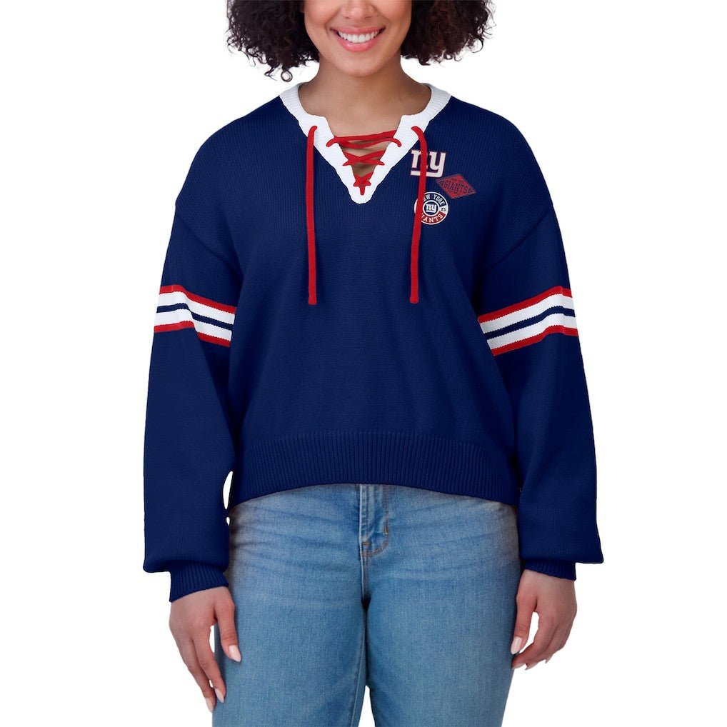 New York Giants WEAR by Erin Andrews Women's Lace-Up Pullover Sweatshirt - Royal Pullover