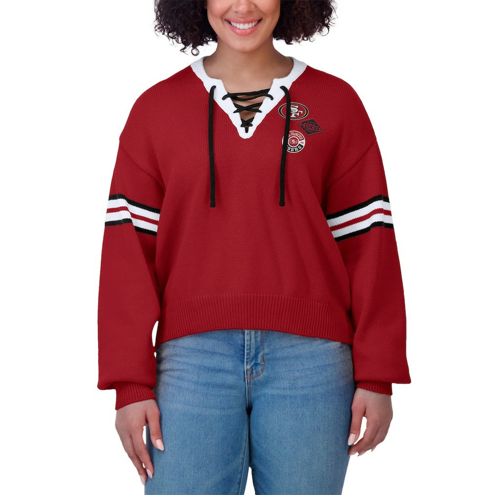 San Francisco 49ers WEAR by Erin Andrews Women's Lace-Up Pullover Sweatshirt - Scarlet Pullover